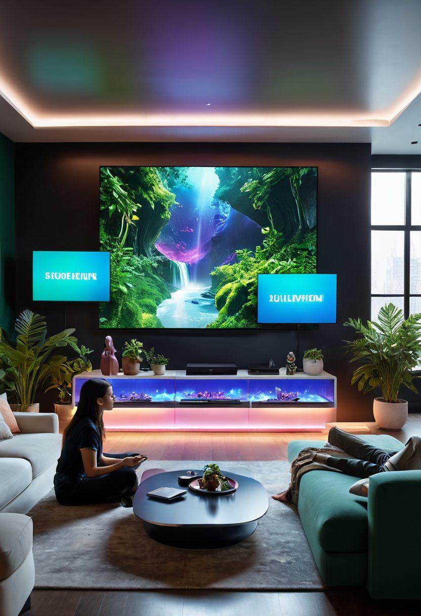 A futuristic living room scene featuring a sleek, oversized table television at its center, displaying vibrant streaming video content. Surrounding it are diverse people interacting joyfully with holographic interfaces and virtual reality headsets. Lush greenery and high-tech furniture enhance the modern ambiance, conveying comfort and innovation. Bright, vivid colors bring the scene to life, highlighting the transformation of entertainment. super-realistic. vibrant colors. 3D.