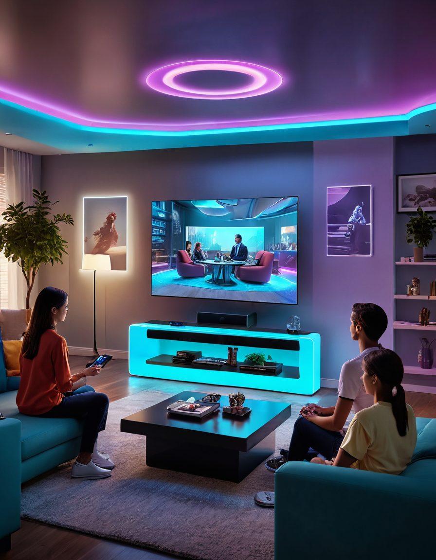 A futuristic living room featuring a sleek table television displaying vibrant live broadcasting footage, surrounded by family members interacting with holographic content above the screen. The setting should have a modern design with smart furniture and bright ambient lighting, capturing the essence of interactive video experiences. Include elements of technology and community engagement. super-realistic. vibrant colors. modern style.