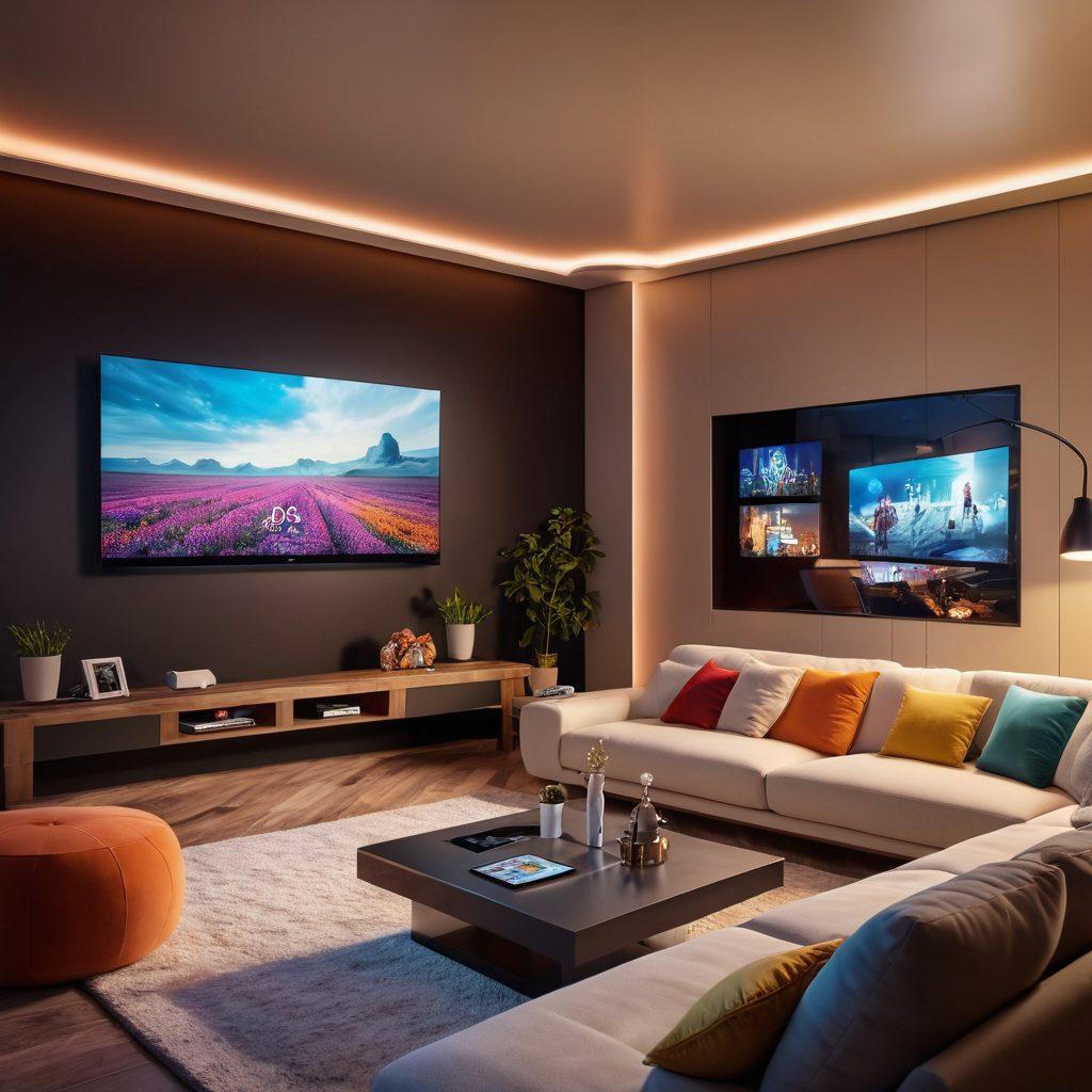 A futuristic living room featuring a modern table television displaying vibrant digital entertainment scenes, surrounded by diverse people engaging with various streaming services on tablets and smartphones. The atmosphere is lively with soft ambient lighting and a cozy couch. Incorporate elements of technology like smart home devices, and a stylish coffee table cluttered with popcorn and drinks. super-realistic. vibrant colors. contemporary design.